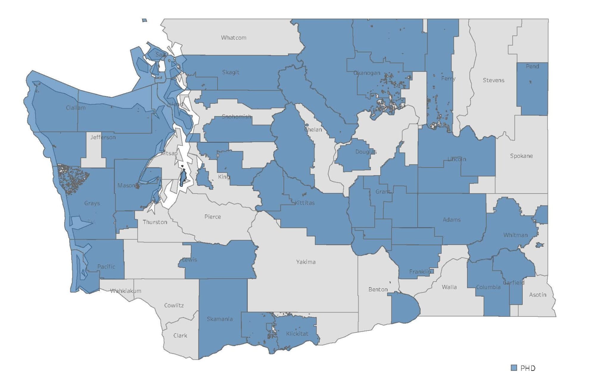 A picture of Washington State, USA, with areas covered by Public Hospital District's in blue. Most of Whatcom County is notably not featured but many areas in the state are to signify they have a Public Hospital District